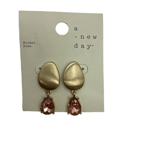 A New Day Womens Drop Earrings Gold Pink Teardrop Crystal Nickel Free Stud - Picture 1 of 4